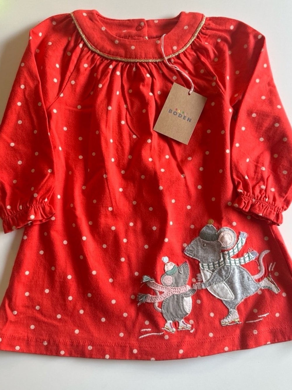Baby Boden Ice Skating Mice Appliqué Red Polka Dot Dress 12-18m